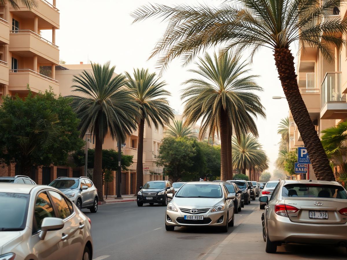 Rue résidentielle du Caire bordée de palmiers